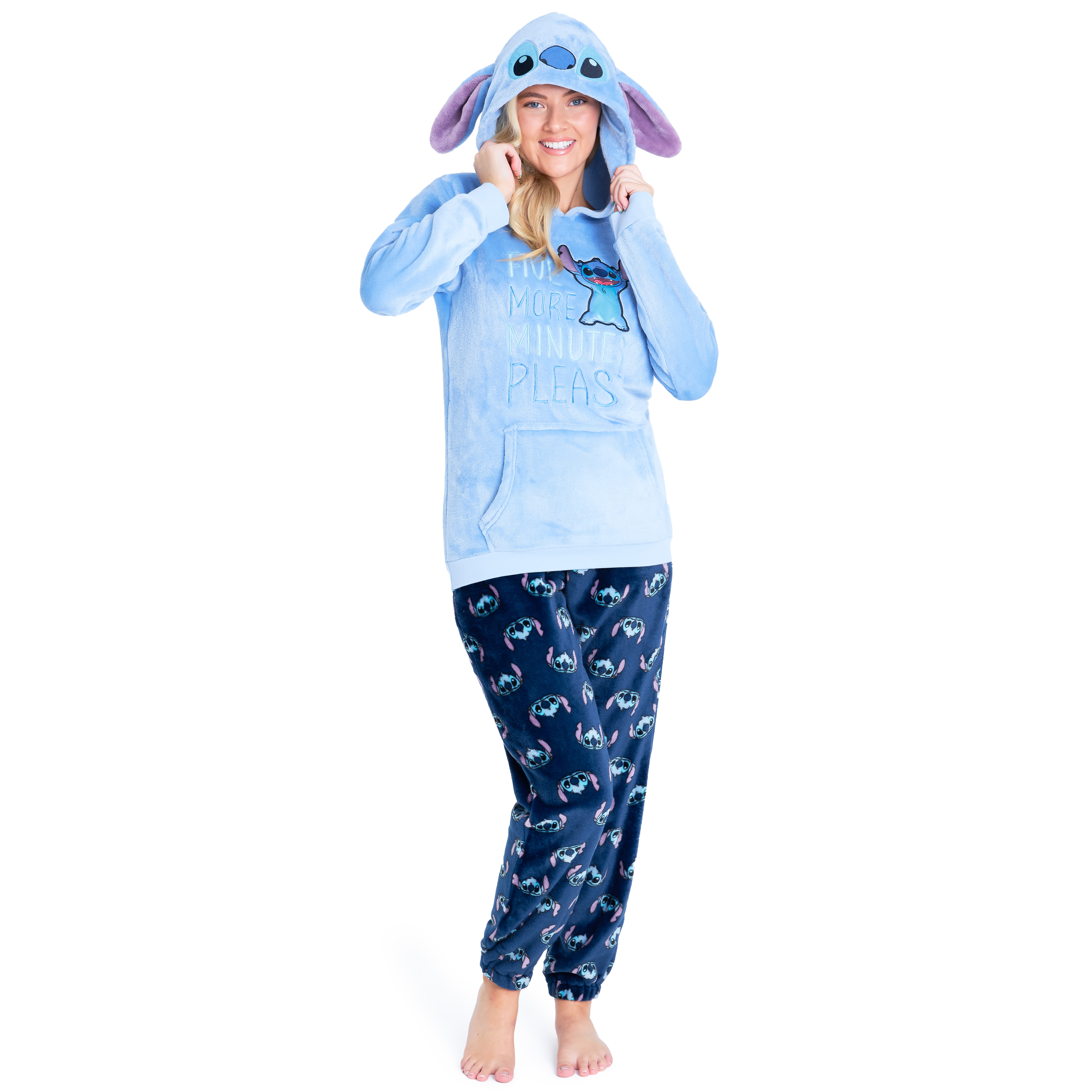 Disney Womens Stitch Long Sleeve Hooded Pyjama Set Sleepwear Nightwear