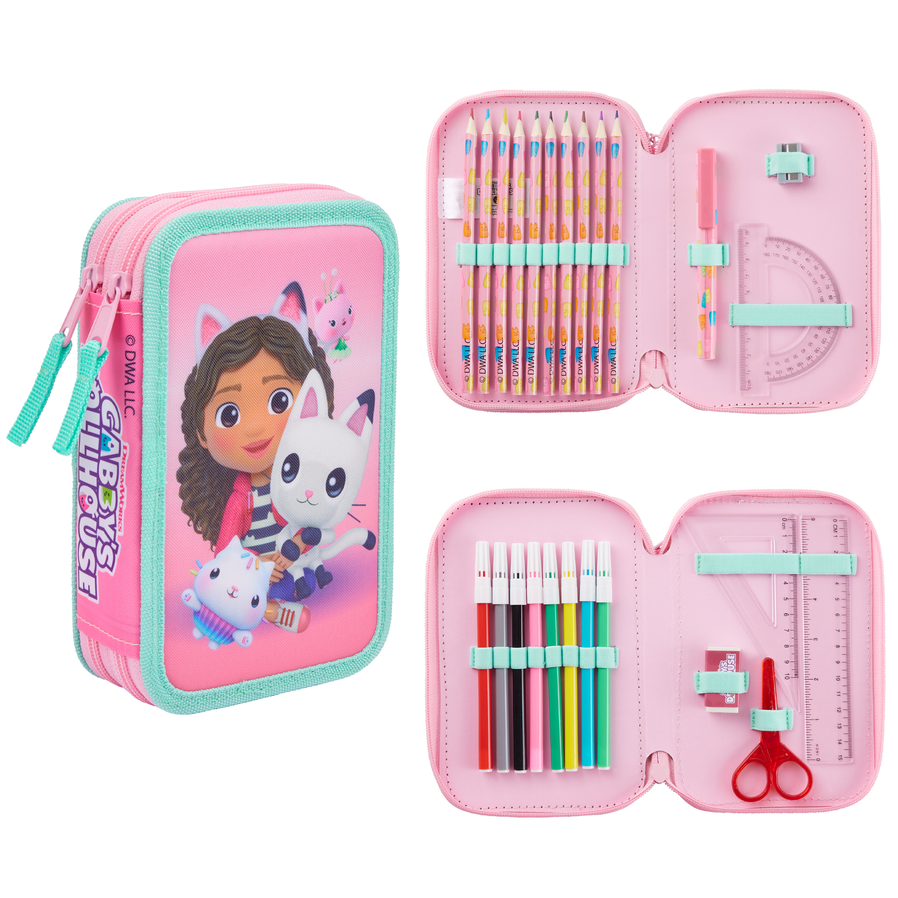 Gabby's Dollhouse Girls Pencil Case Double Zip Colouring Set