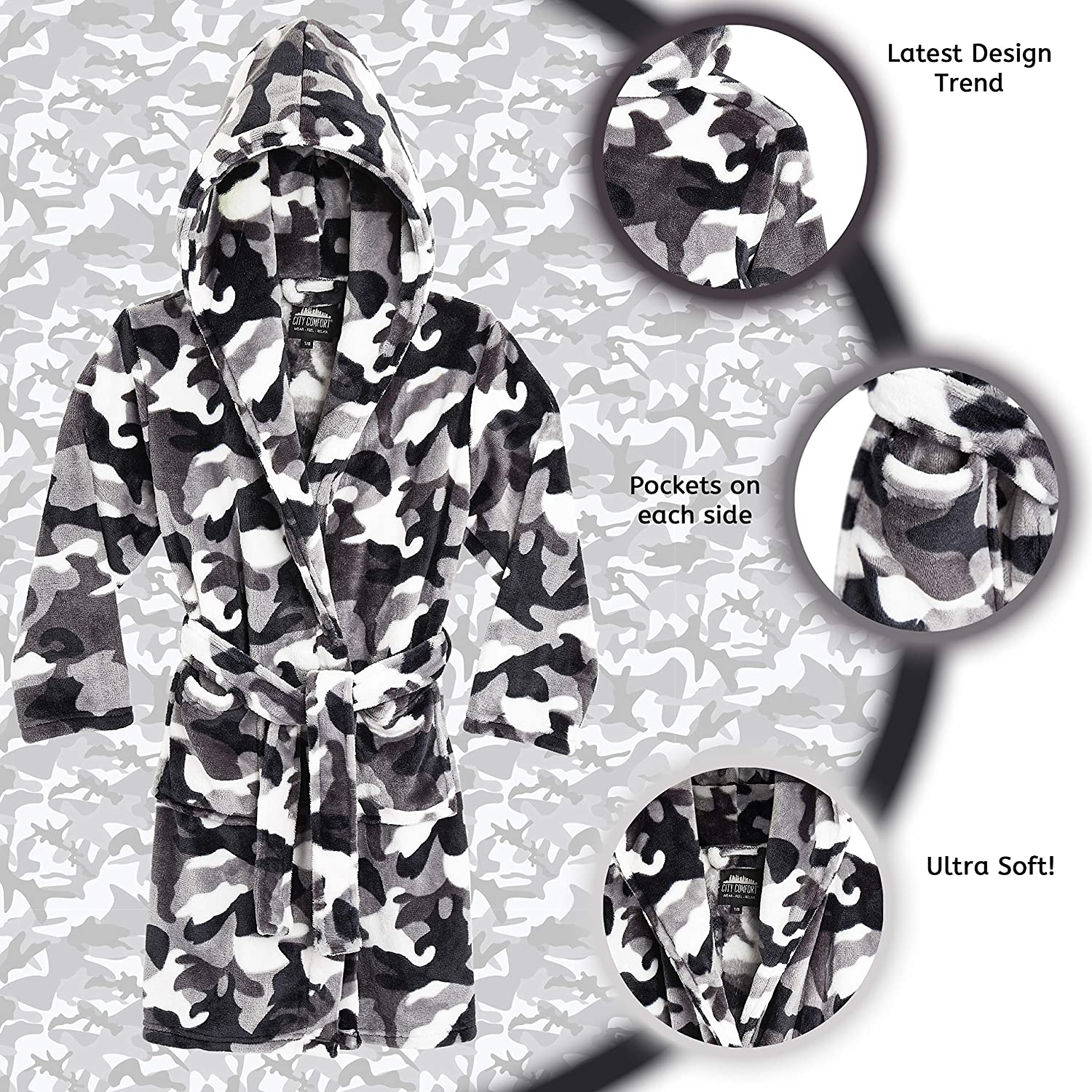 CityComfort Camouflage Dressing Gown with Hoodie, Pockets Girls, Boys Teenagers - Picture 4 of 14