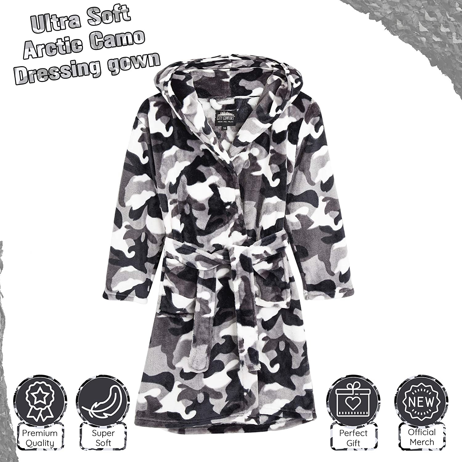 CityComfort Camouflage Dressing Gown with Hoodie, Pockets Girls, Boys Teenagers - Picture 5 of 14
