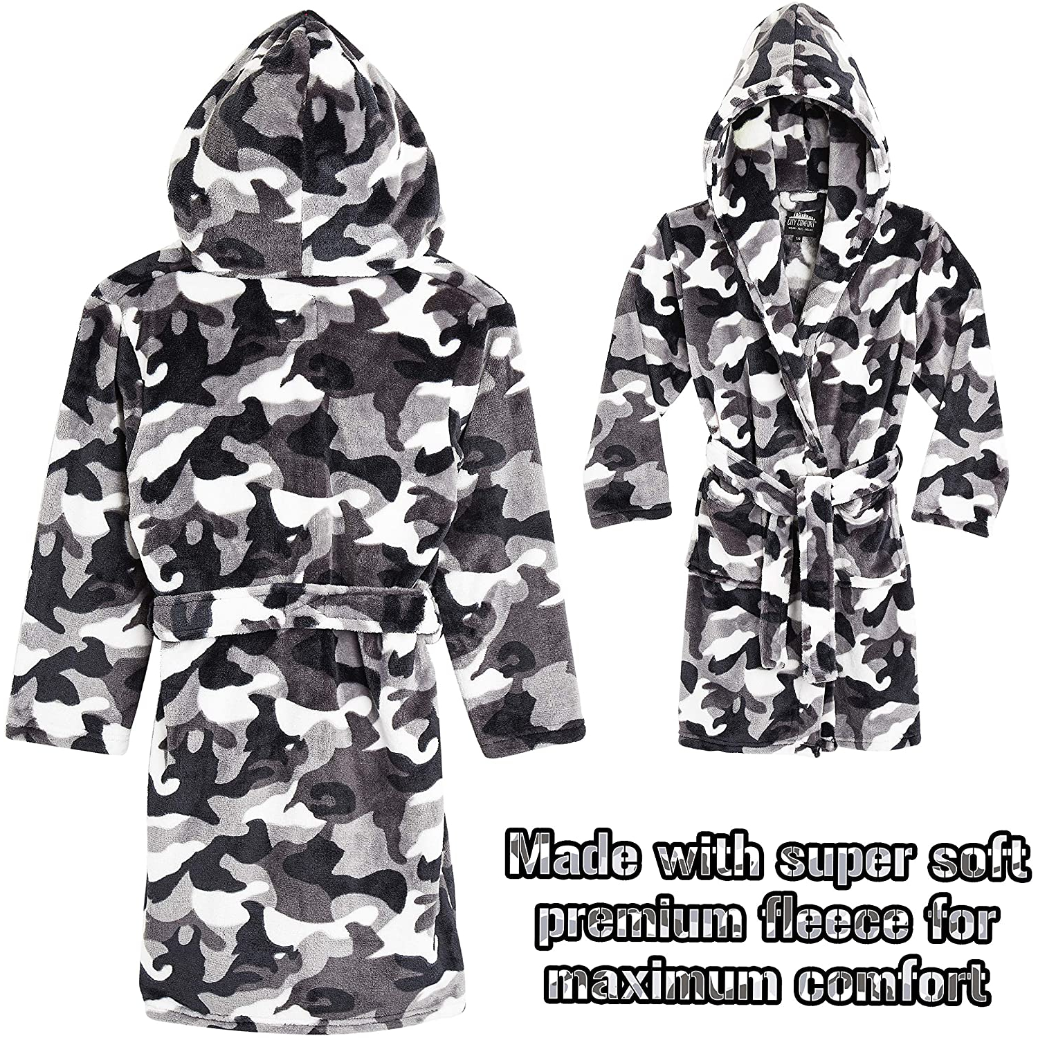CityComfort Camouflage Dressing Gown with Hoodie, Pockets Girls, Boys Teenagers - Picture 7 of 14