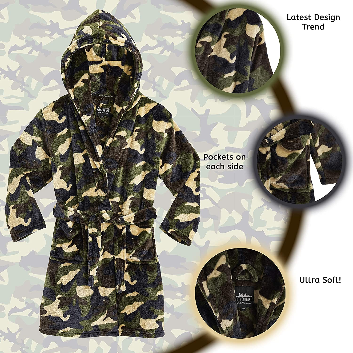 CityComfort Camouflage Dressing Gown with Hoodie, Pockets Girls, Boys Teenagers - Picture 10 of 14