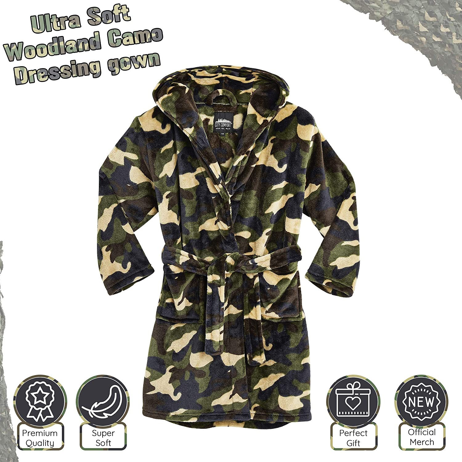 CityComfort Camouflage Dressing Gown with Hoodie, Pockets Girls, Boys Teenagers - Picture 11 of 14