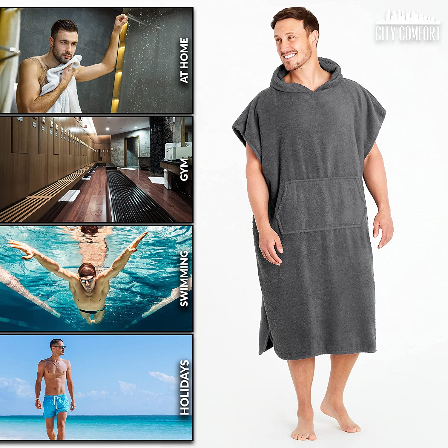 CityComfort Unisex Adults Hooded Towel Poncho Robe with Pocket - Picture 15 of 26