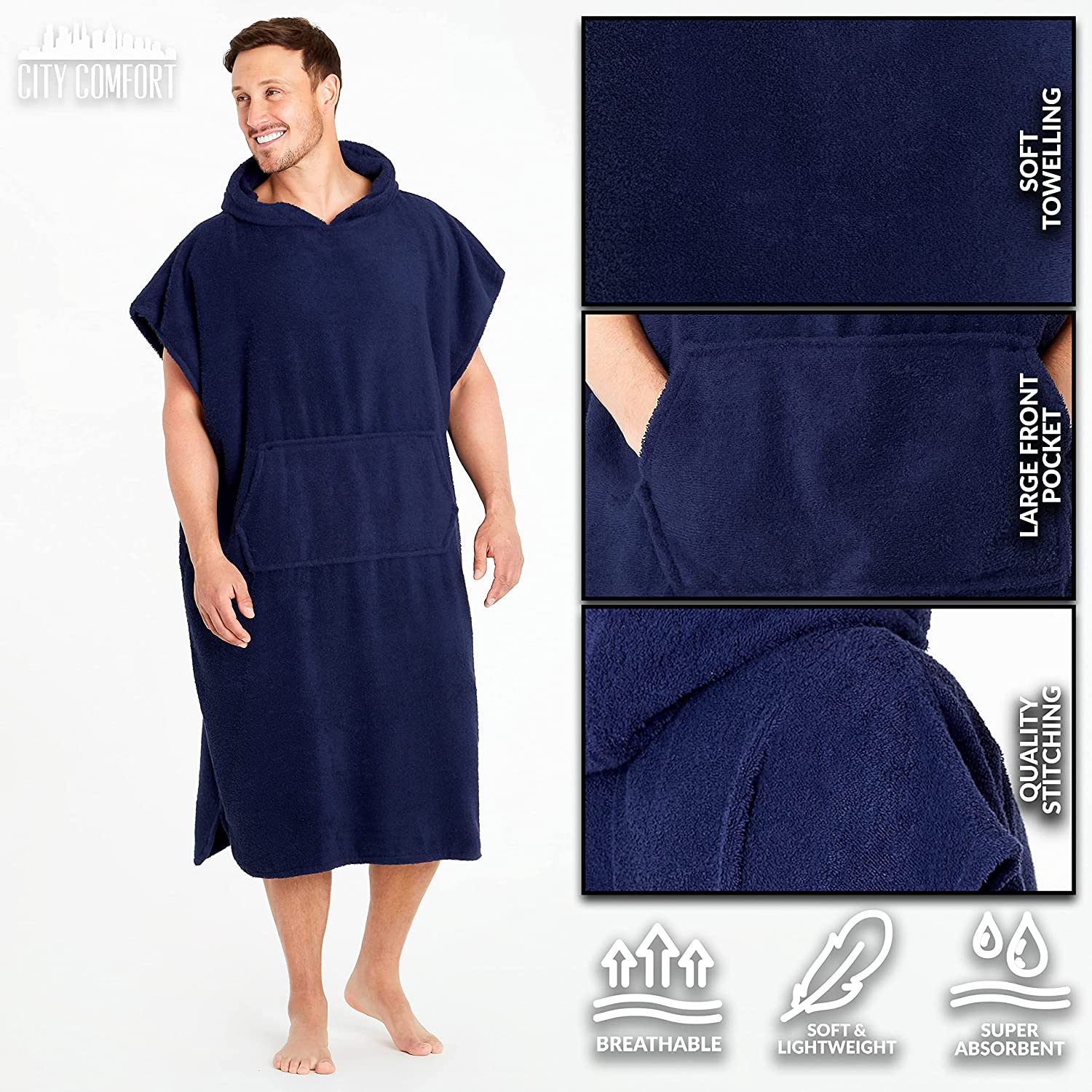 CityComfort Unisex Adults Hooded Towel Poncho Robe with Pocket - Picture 7 of 26