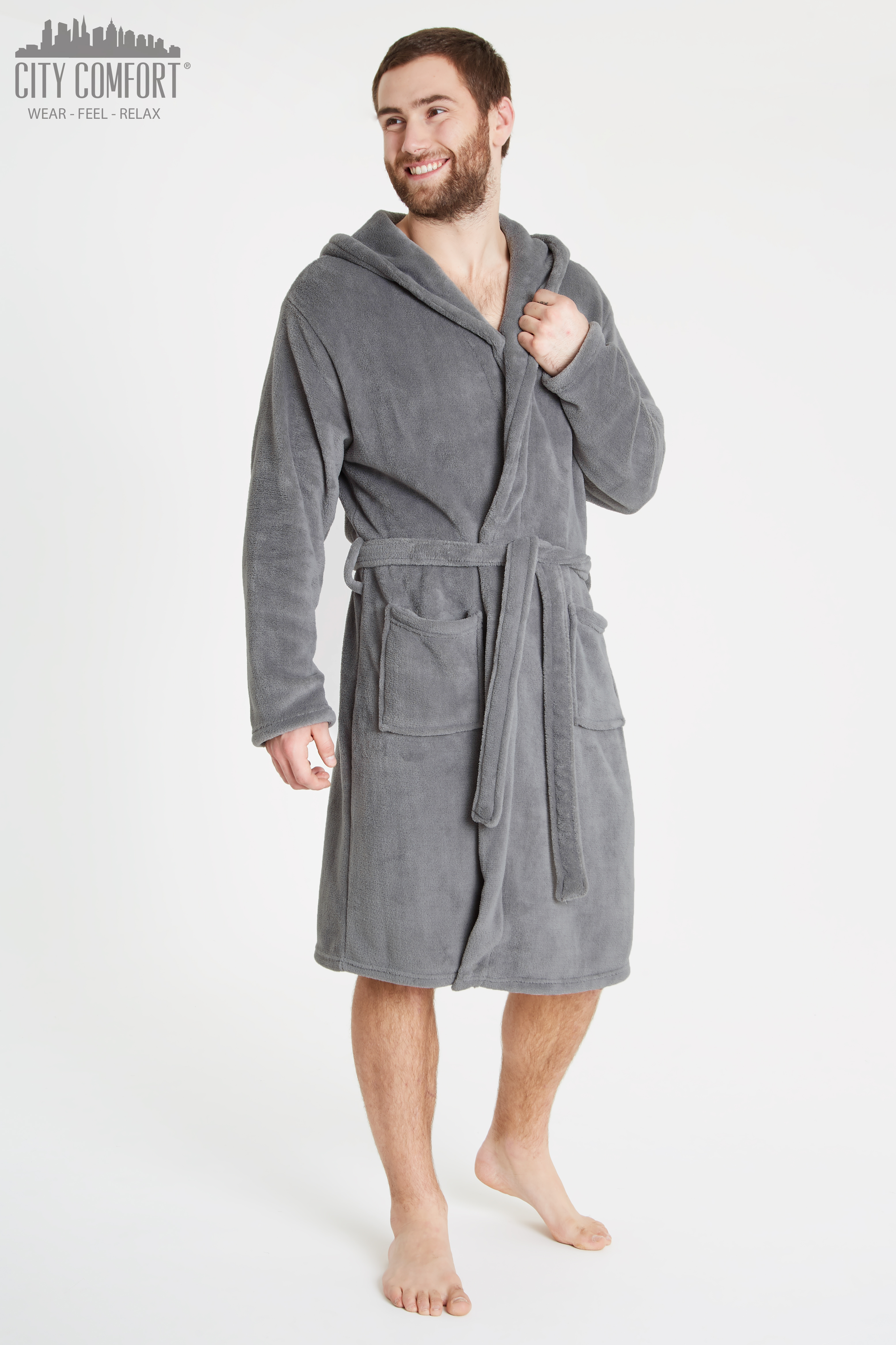 CityComfort Mens Hooded Dressing Gown Bathrobe Pockets Super Soft - Picture 9 of 21