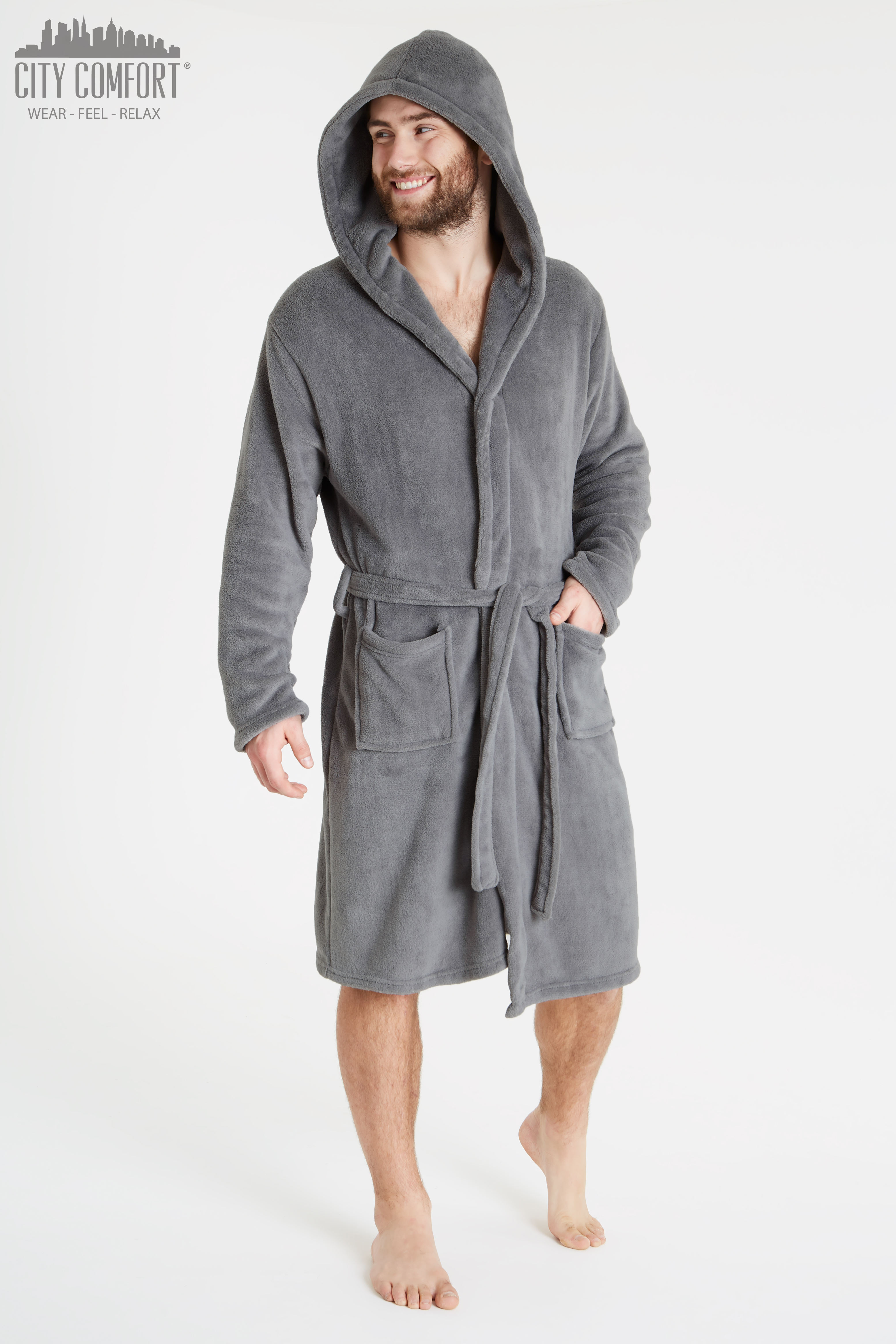 CityComfort Mens Hooded Dressing Gown Bathrobe Pockets Super Soft - Picture 13 of 21