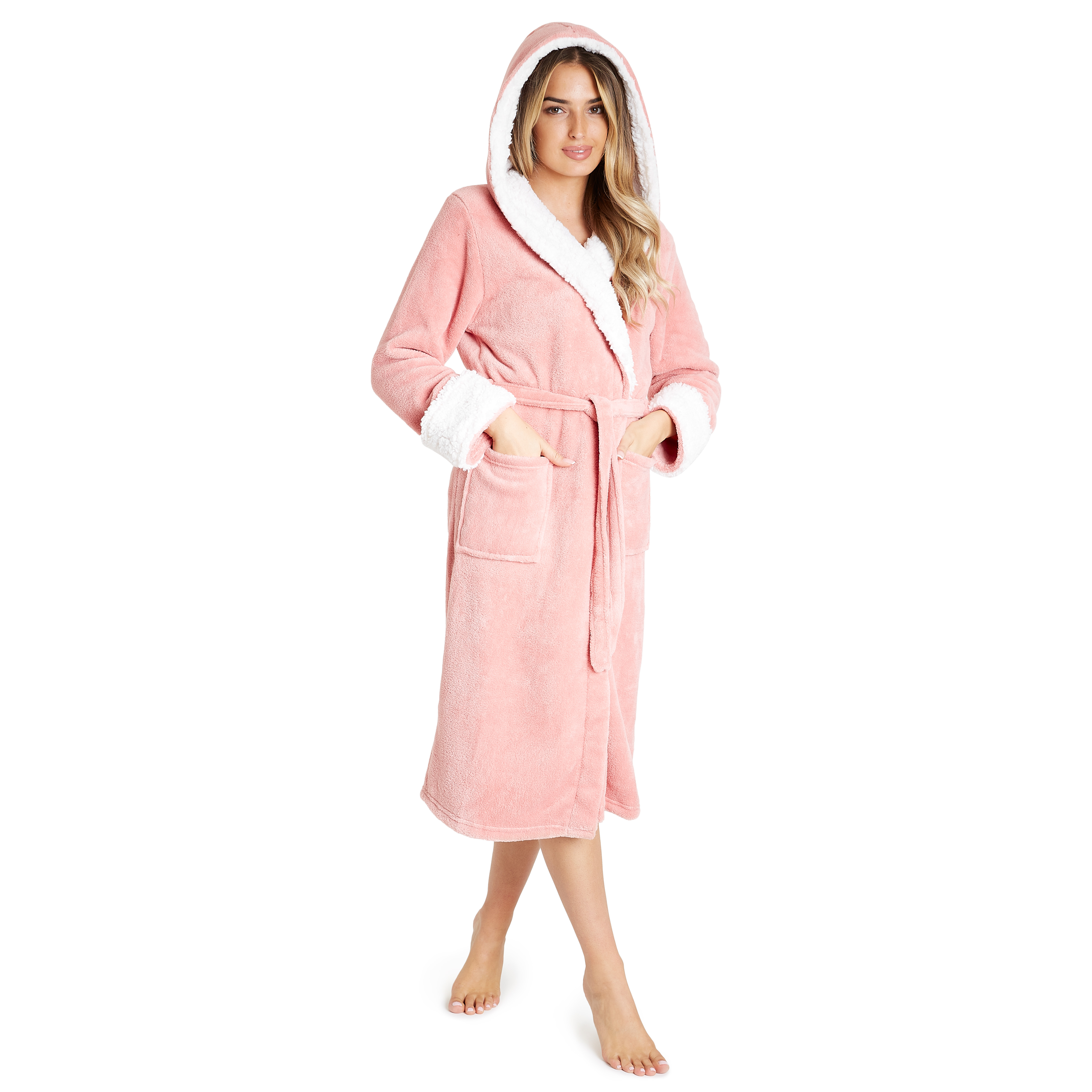 Soft Fleece Pink Fluffy Dressing Gown With Hood PRETTYLITTLETHING