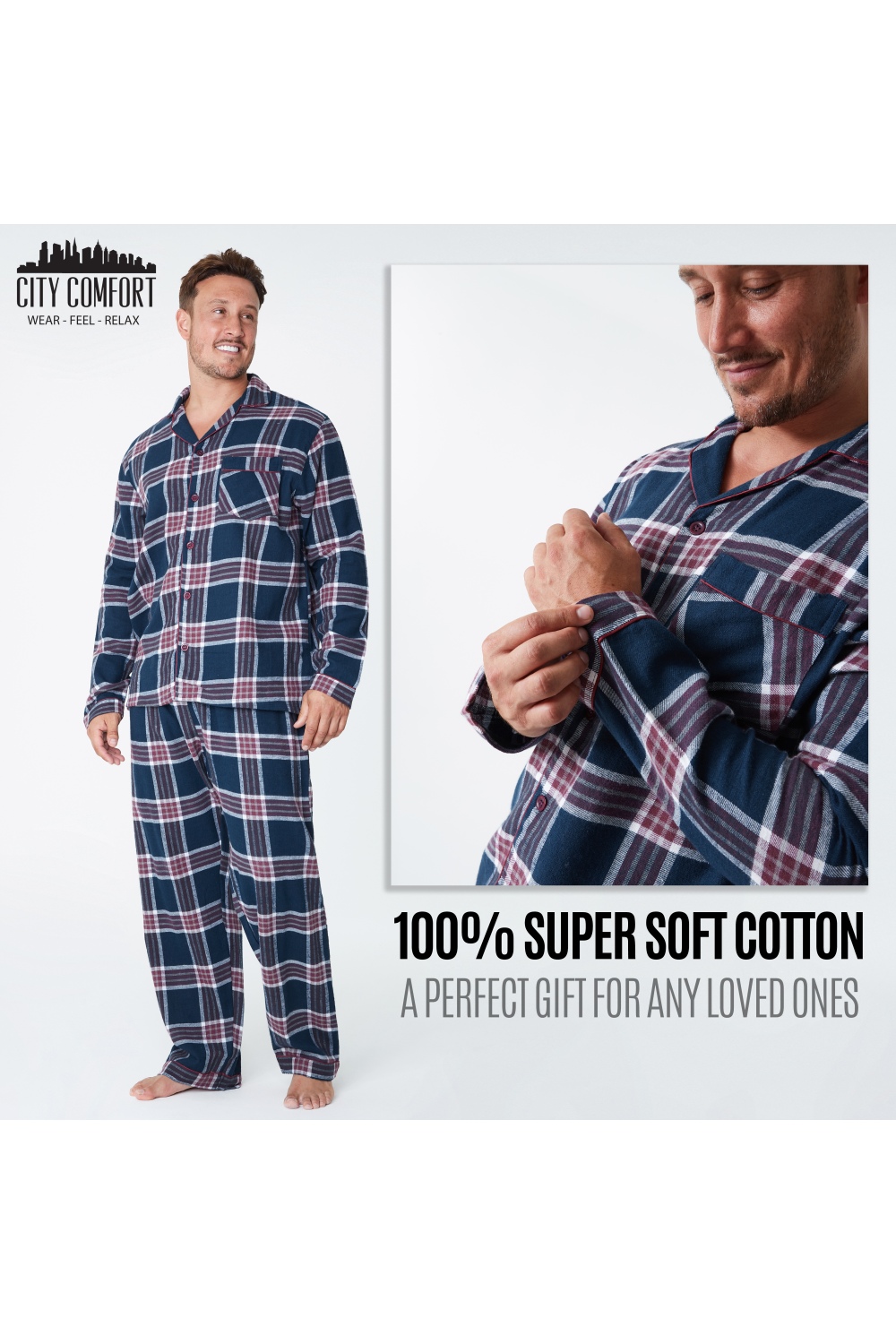 CityComfort Mens Pyjamas Set, Tartan Brushed Cotton Pyjamas